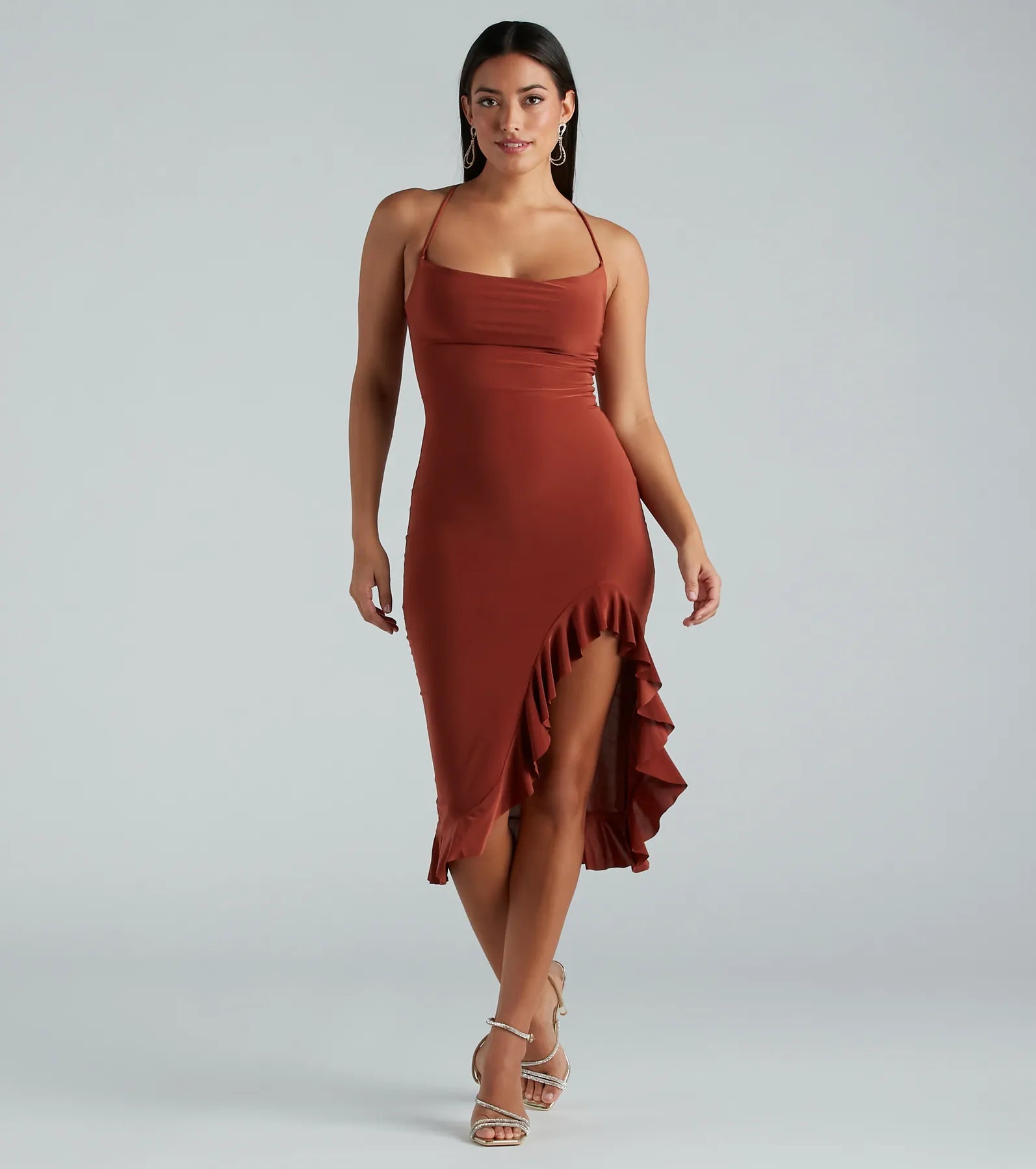 Perfect Moment Cowl Neck Ruffle Midi Dress