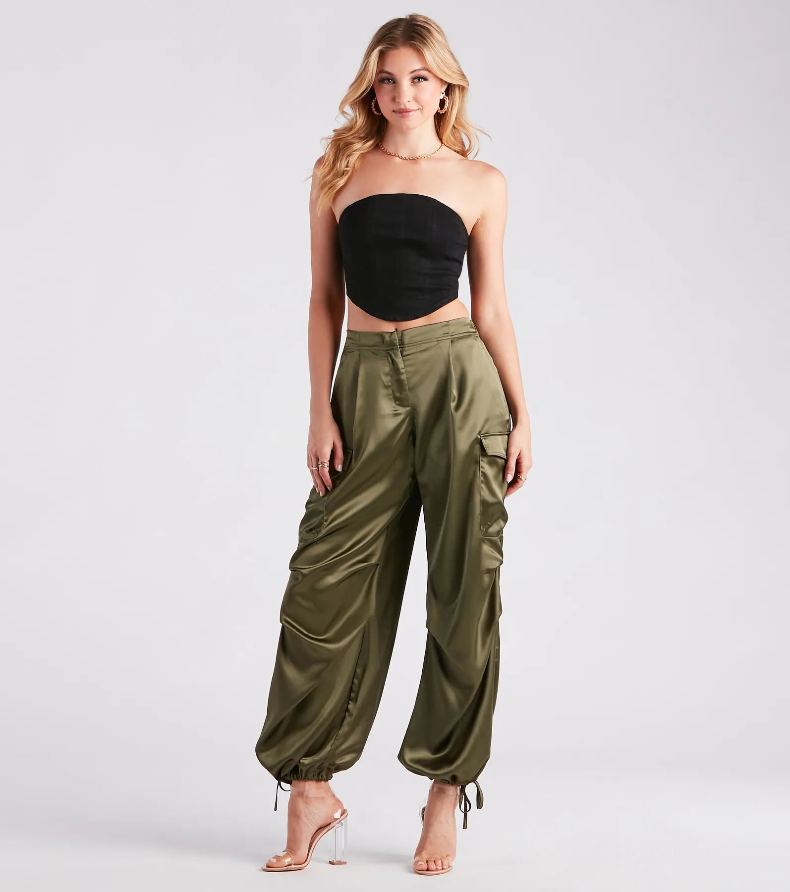 Pulling Strings Satin High-Rise Cargo Pants