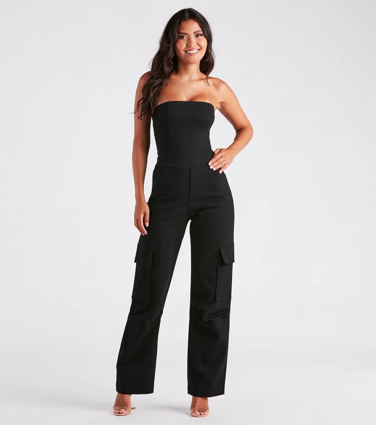 New Vibe Strapless Denim Cargo Jumpsuit