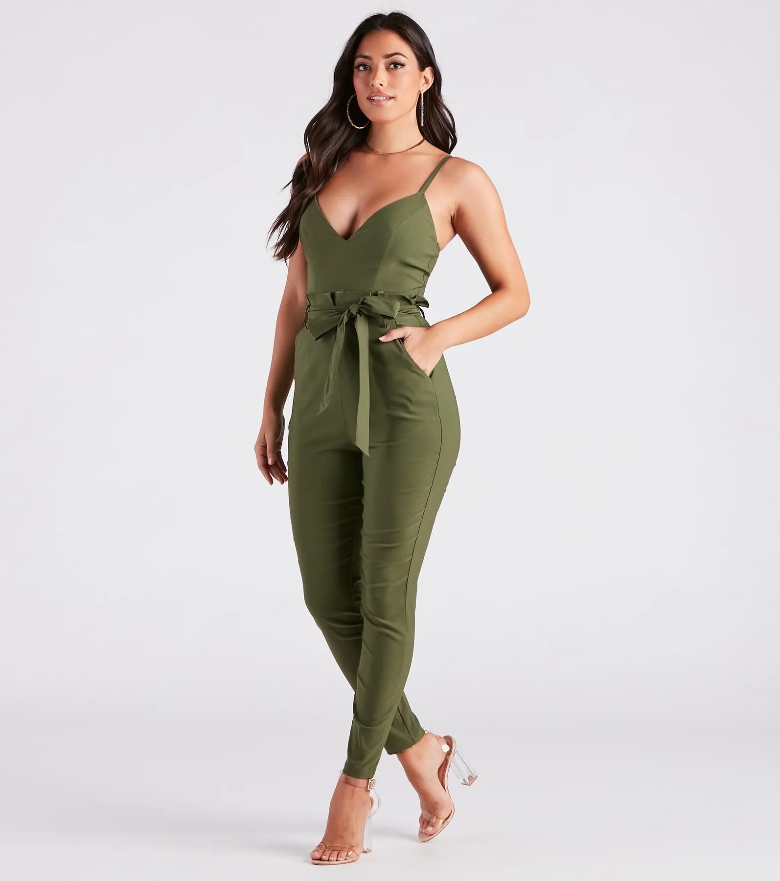 Straight To Business V-Neck Paper Bag Jumpsuit