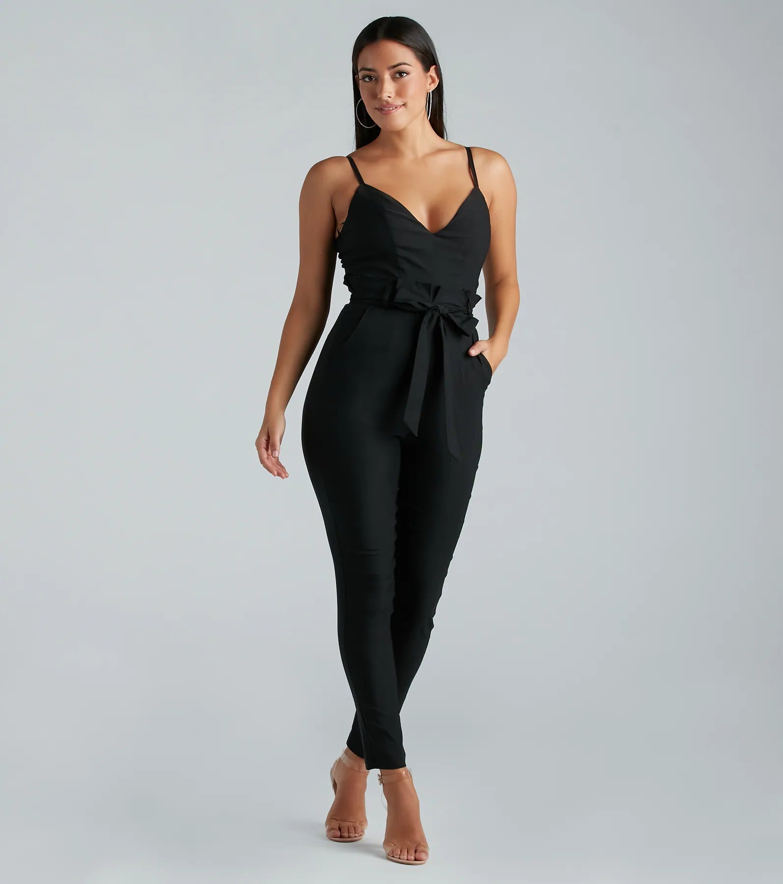 Straight To Business V-Neck Paper Bag Jumpsuit