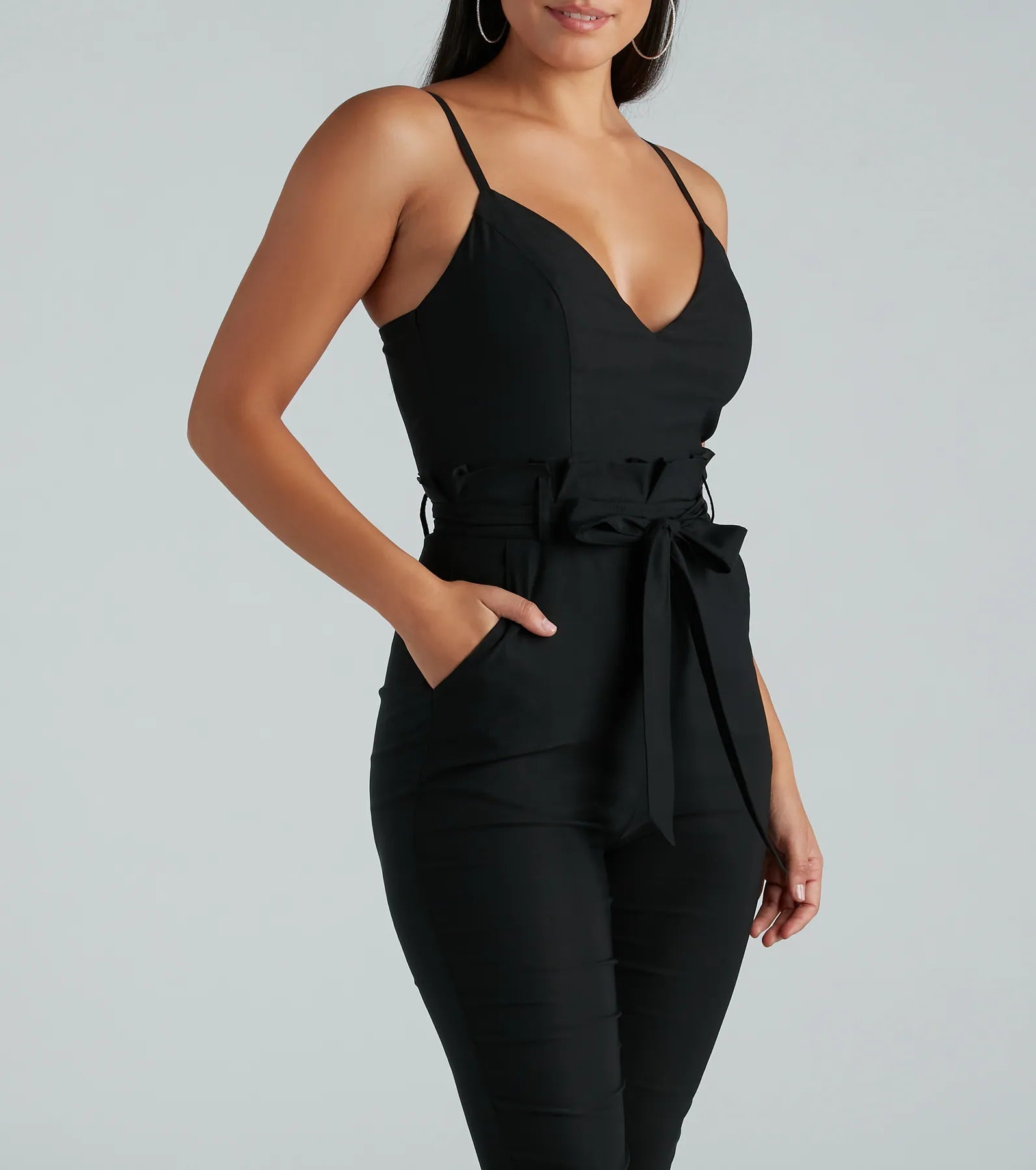 Straight To Business V-Neck Paper Bag Jumpsuit