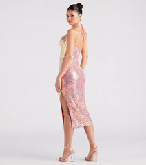 Avery Formal Sequin Cowl Halter Midi Dress