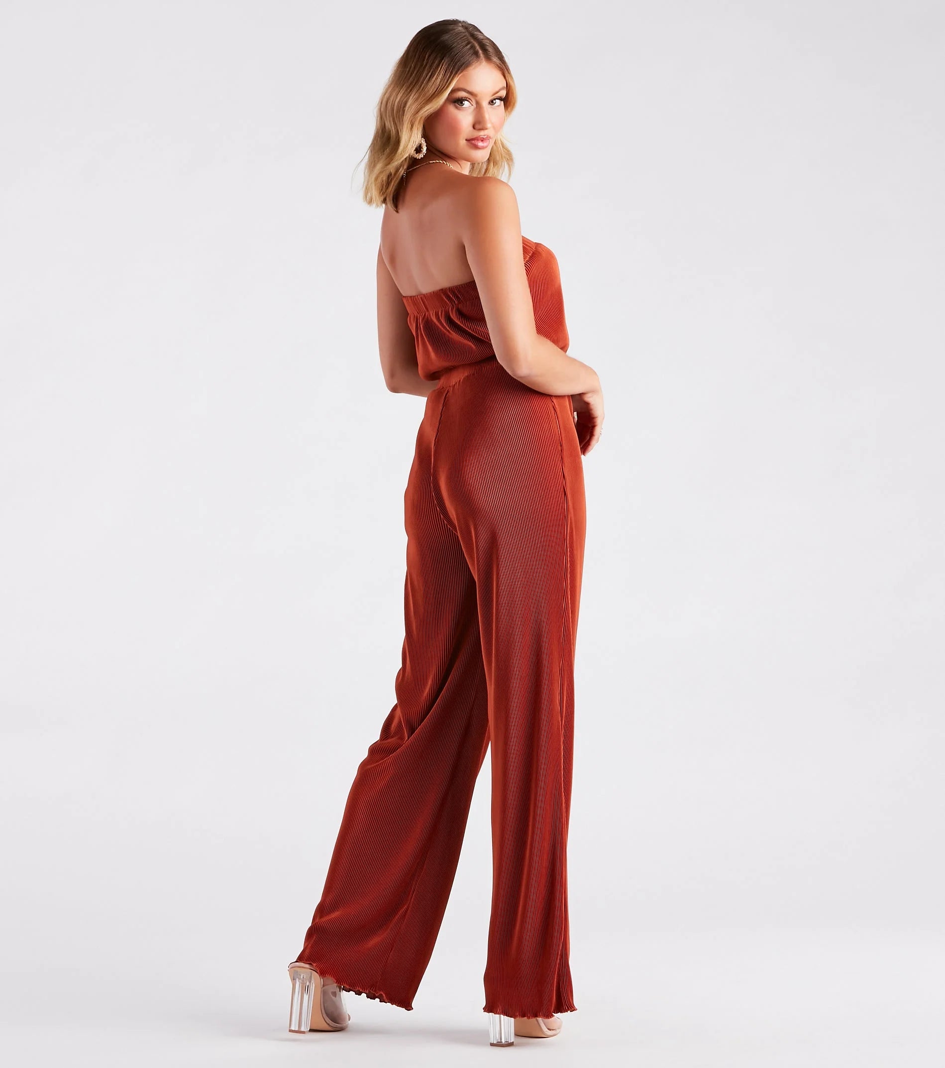 Here To Play Satin Strapless Pleated Jumpsuit