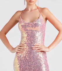 Avery Formal Sequin Cowl Halter Midi Dress