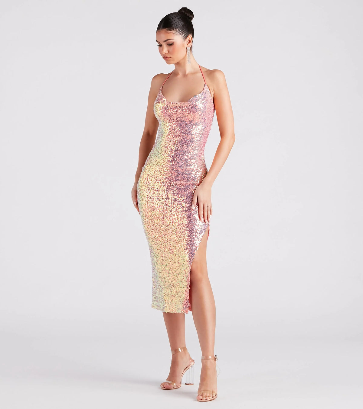 Avery Formal Sequin Cowl Halter Midi Dress