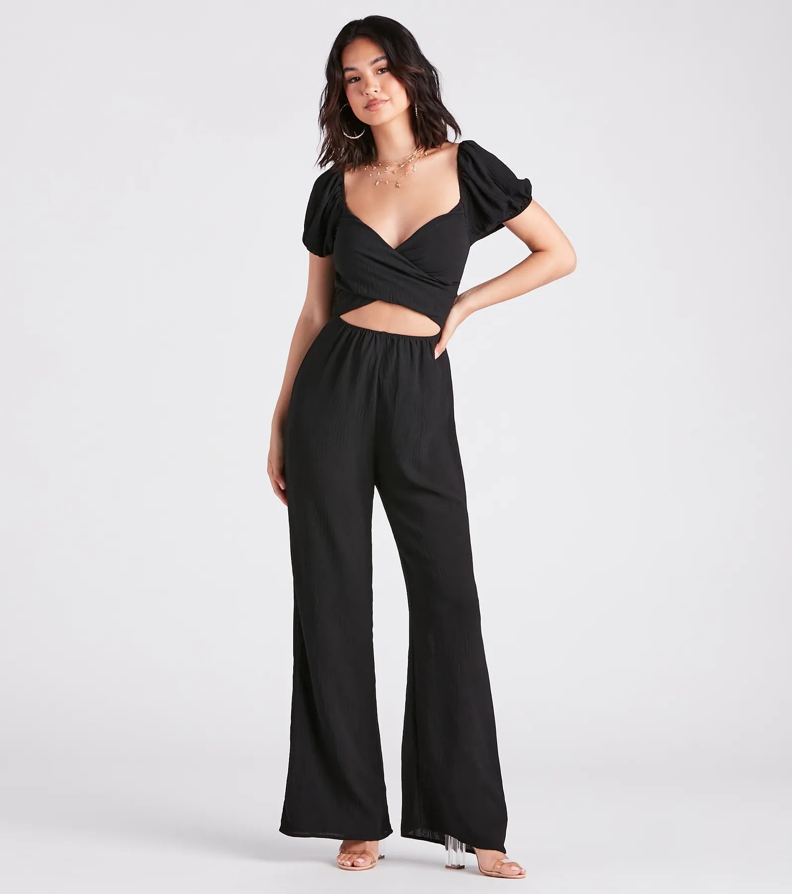 Flirt On Check Linen Puff Sleeve Jumpsuit