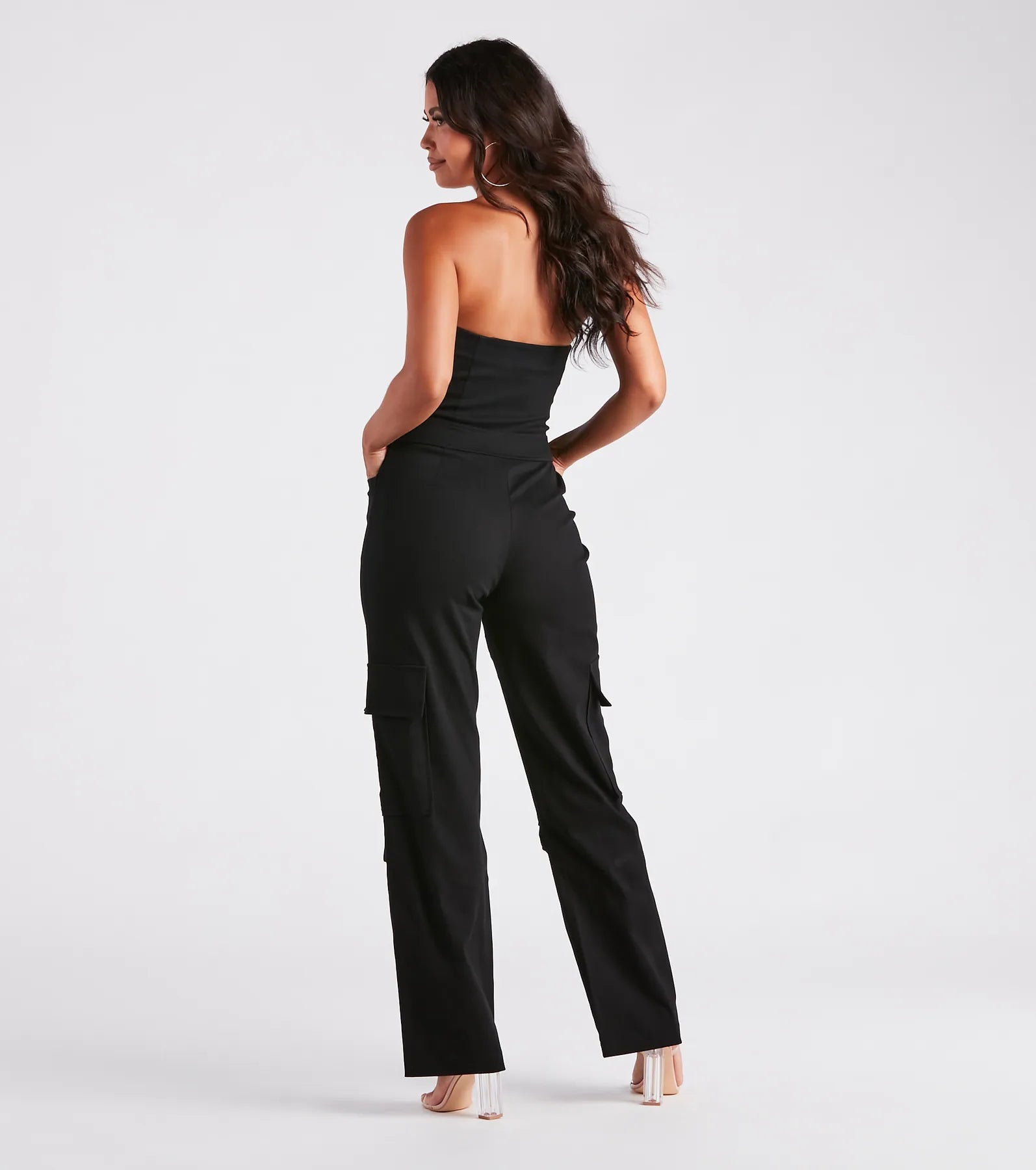 New Vibe Strapless Denim Cargo Jumpsuit