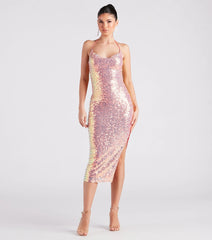 Avery Formal Sequin Cowl Halter Midi Dress