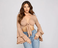 Boho-Chic Ruffled Sleeve Tie-Front Top