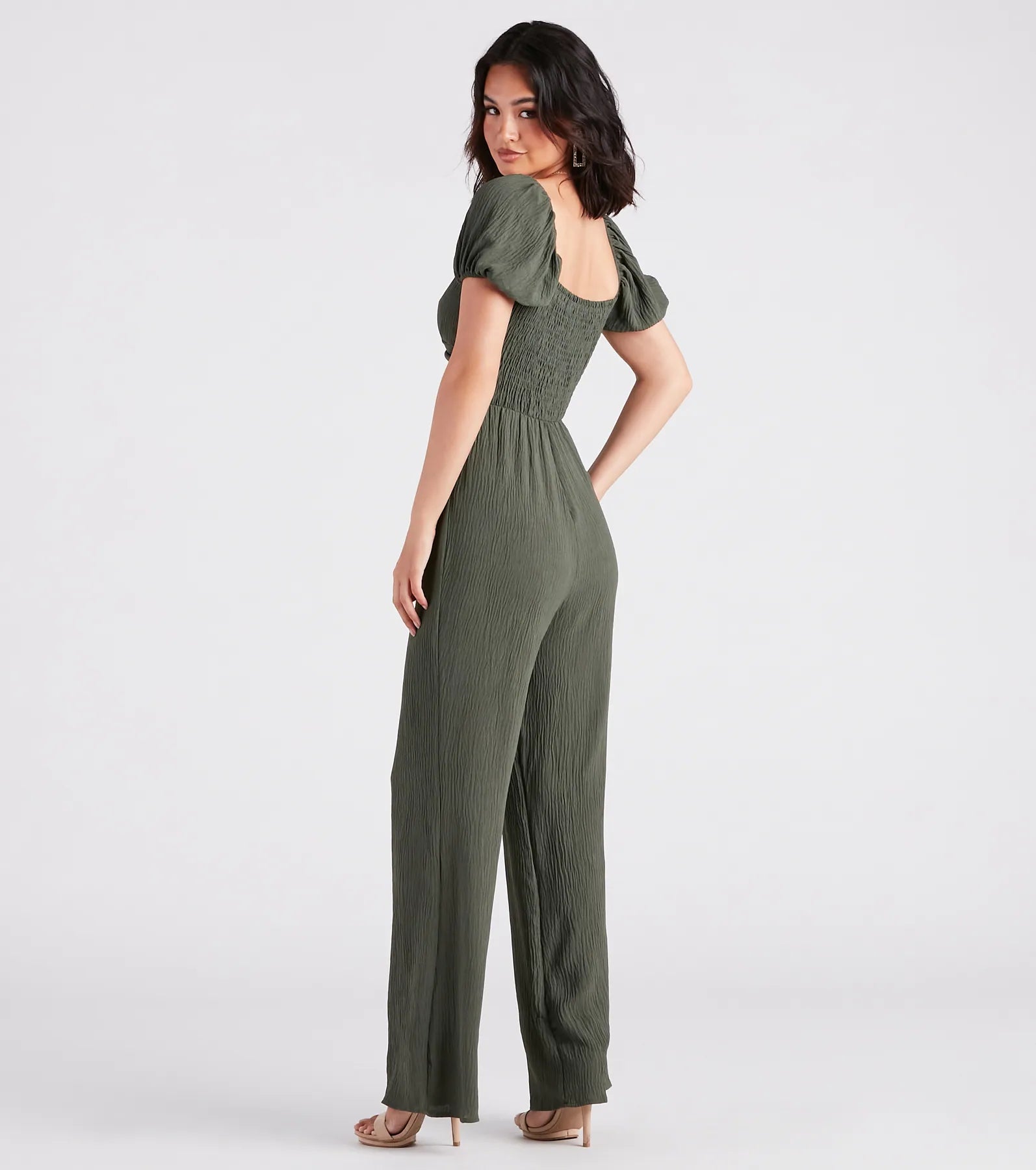 Flirt On Check Linen Puff Sleeve Jumpsuit