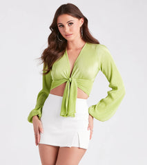 Drinks Please Satin Pleated Tie-Front Top