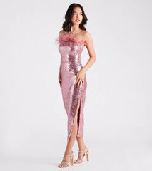 Marlin Formal Sequin Feather Midi Dress